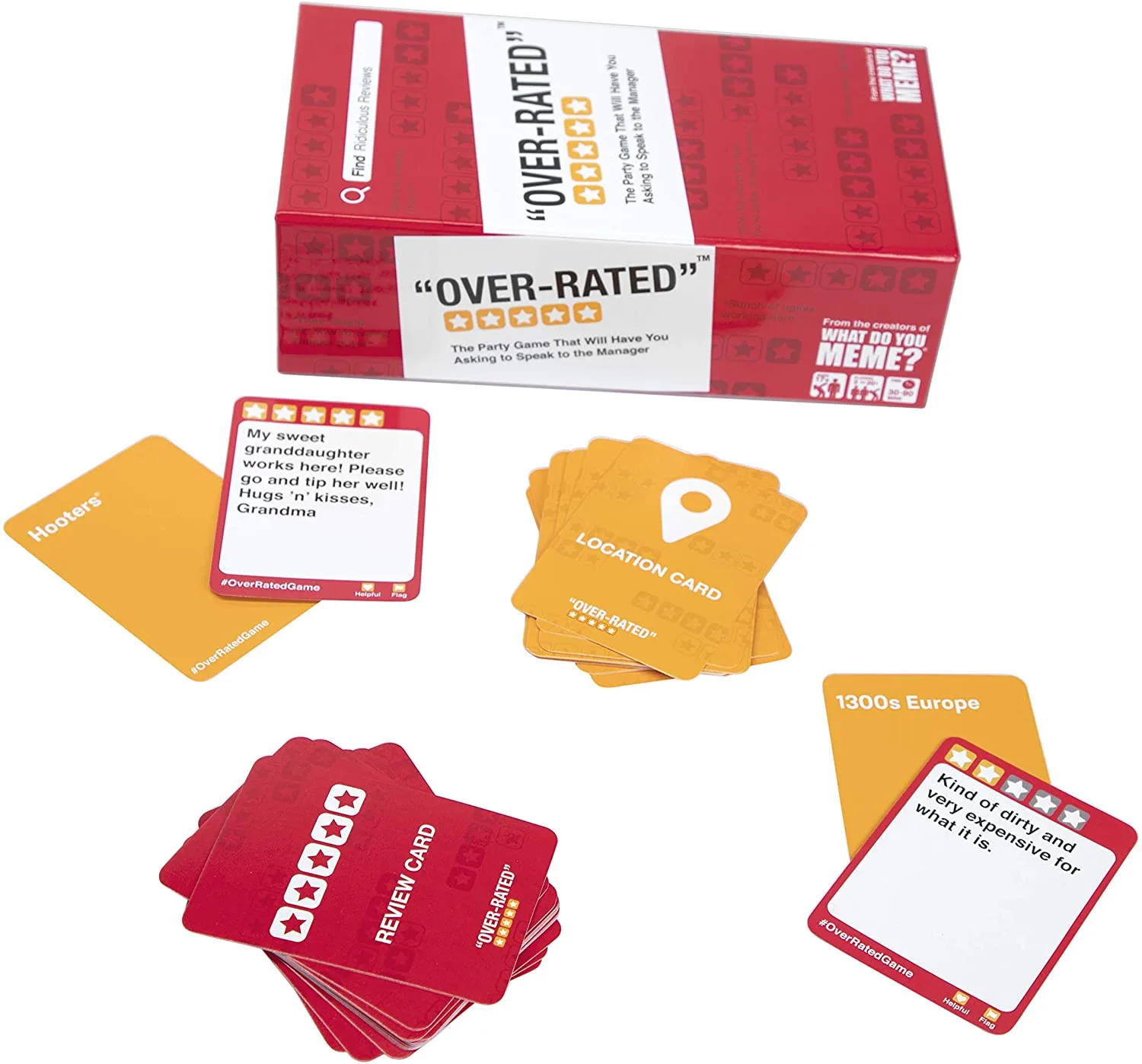 Fun board games for camp care packages: Overrated challenges you to match Yelp-style reviews with funny locations.