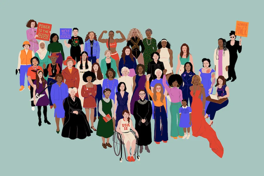 Artist Shyama Golden's print or shareable digital image honors the Women's March with a design honoring dozens of American women whose shoulders we stand on