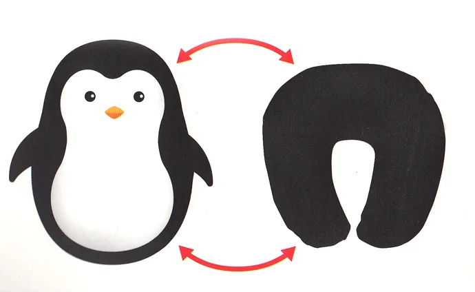 Penguin convertible travel pillow for kids: The doll zips into itself to become a headrest style pillow