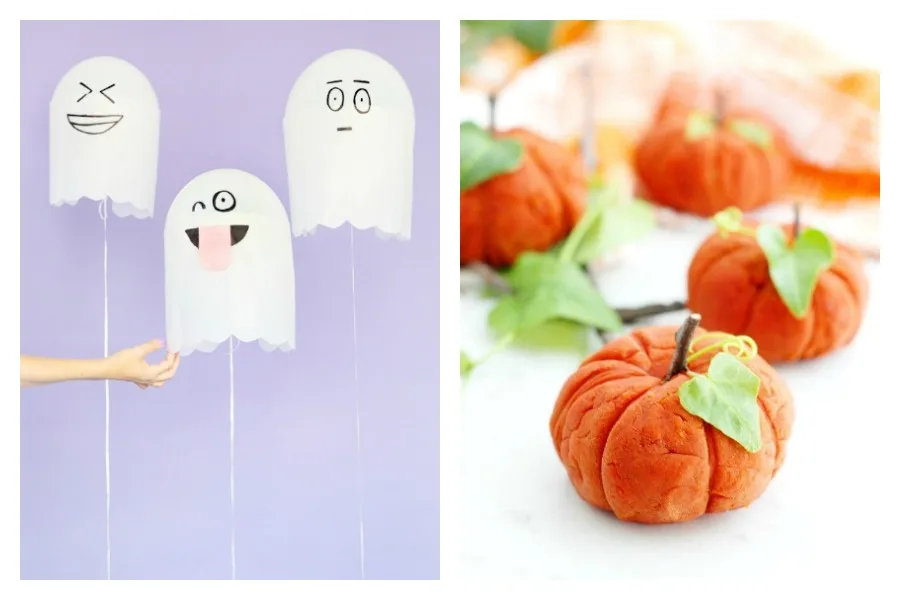 13 Halloween crafts for kids: Ghost balloons at Studio DIY and taste-safe play dough at Crayons and Cravings