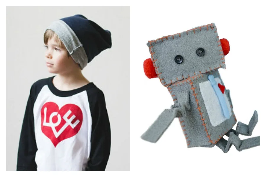 Awesome Valentine's Day gifts for kids like this cool Plucky Mustard tee shirt and DIY robot craft from Seedling.