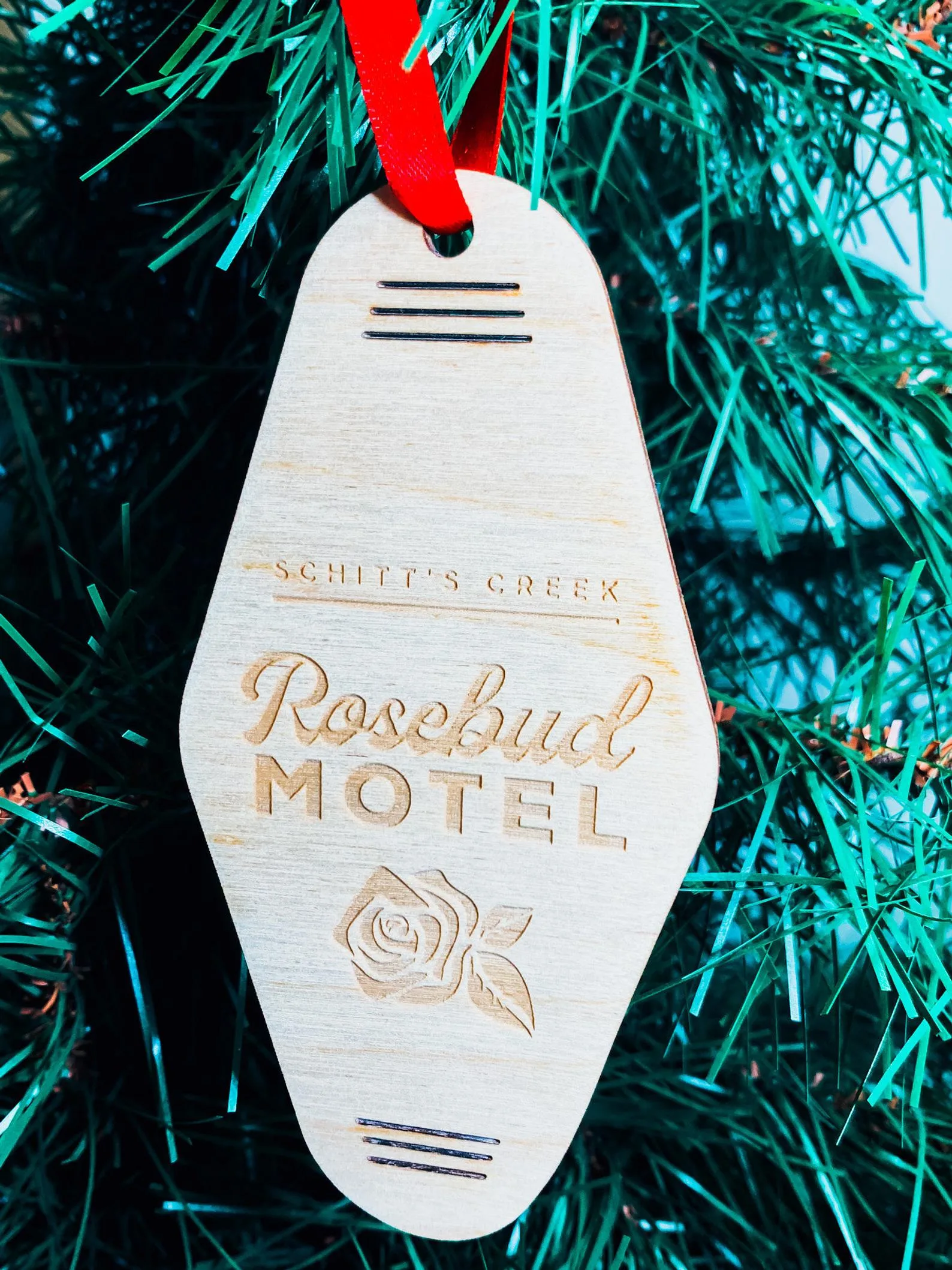 Funny 2020 ornaments: Rosebud Motel keychain ornaments from Schitt's Creek at