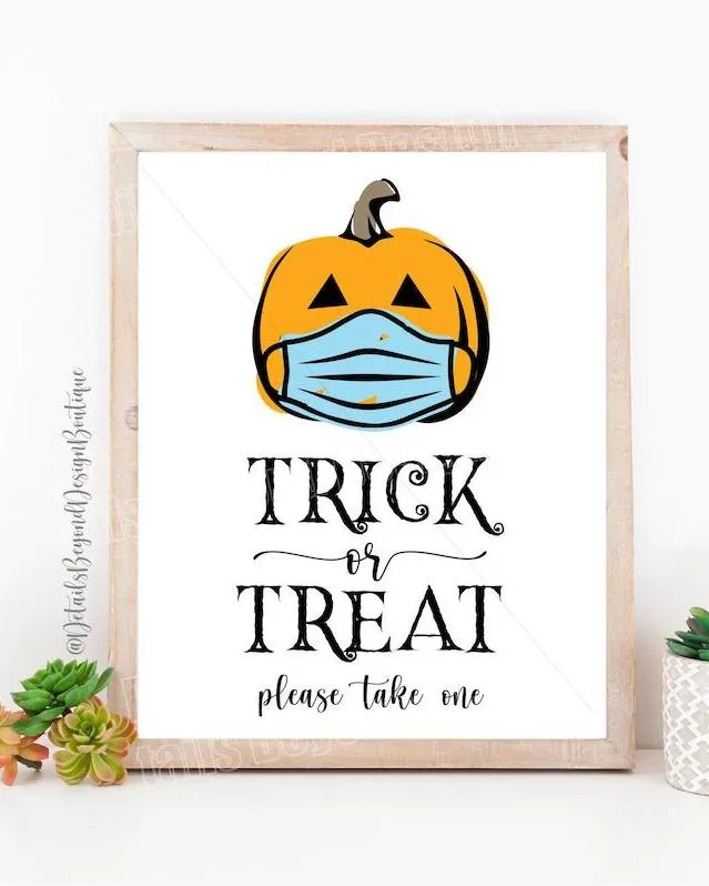 Social distancing signs for candy on Halloween: Love this Pumpkin with a mask at Design Beyond Design