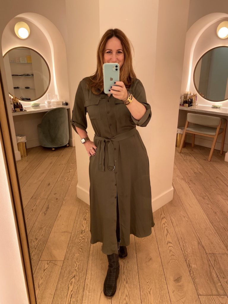 Uli Herzner shirt dress in khaki green | Liz Gumbinner for Cool Mom Picks