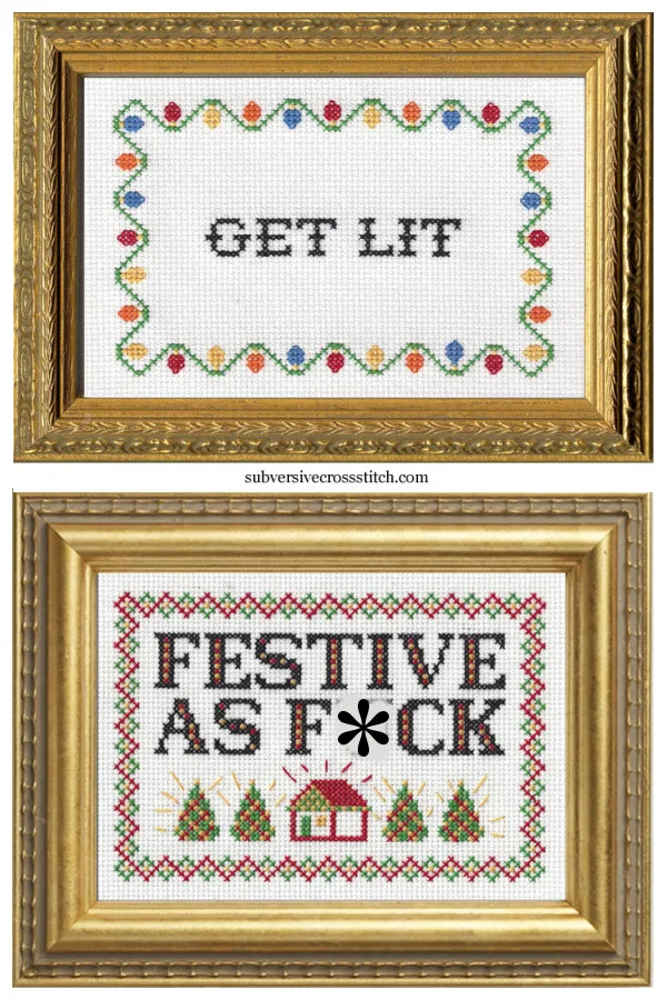 Subversive Cross Stitch makes irreverent holiday cross stitch art kits, from PG to hard R