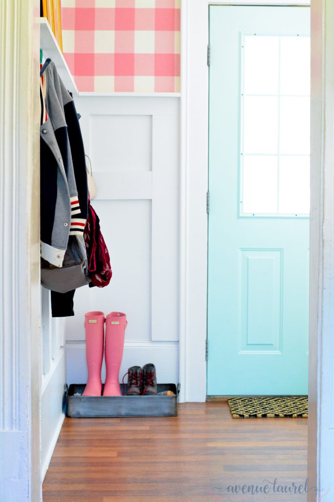 How to use fabric as wallpaper: Punching up a mudroom at Avenue Laurel How to use fabric as wallpaper: Punching up a mudroom at Avenue Laurel