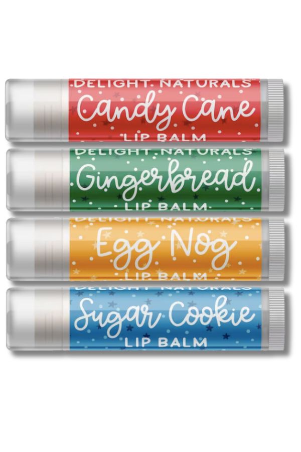 Delight Naturals four-pack of lip balm in holiday scents makes an excellent Christmas gift under $15 Delight Naturals four-pack of lip balm in holiday scents makes an excellent Christmas gift under $15