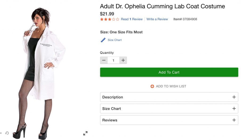 Dr. "Ophelia Cumming" doctor costume makes light of sexual predators Dr. "Ophelia Cumming" doctor costume makes light of sexual predators