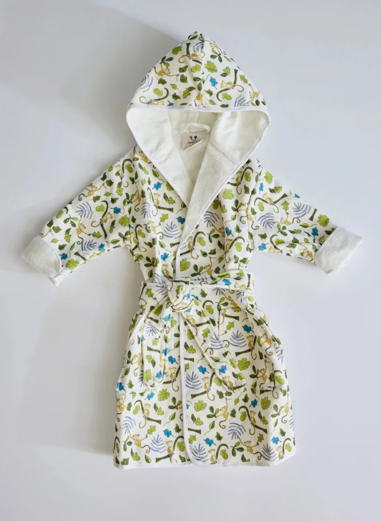 Kids luxury monkey print bathrobe from Timo & Violet | Cool gifts for 3-year-olds