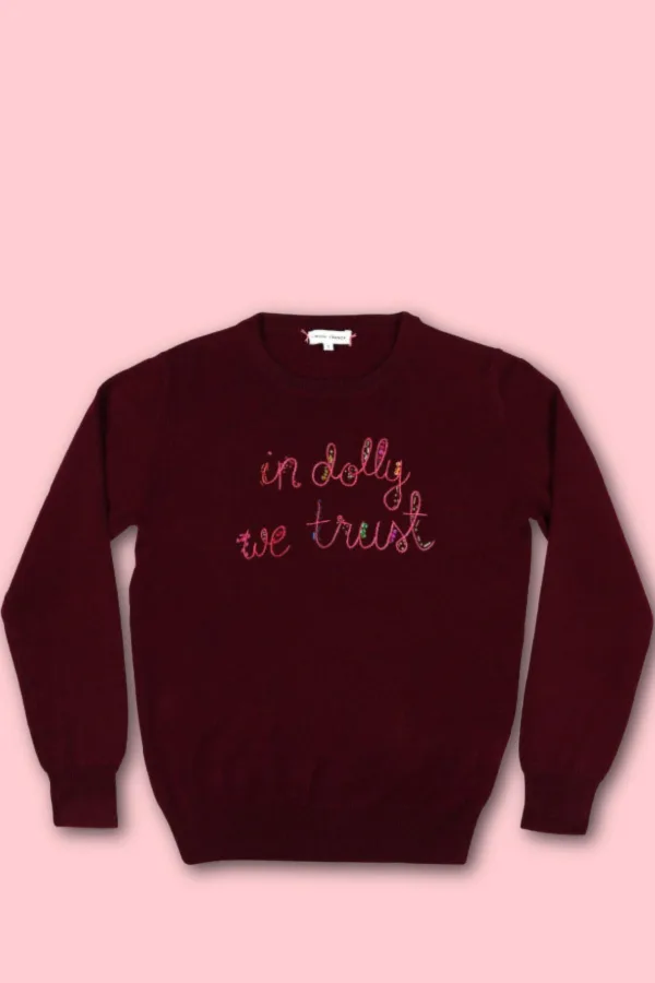 Dolly Parton gifts for Christmas: "In Dolly we trust" cashmere sweater hand-embroidered by Lingua Franca