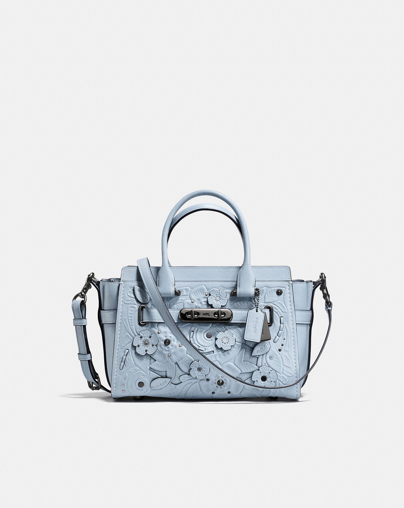 Coach Swagger 27 Bag with Tea Rose Accents in a gorgeous dusty blue | colorful handbags for fall