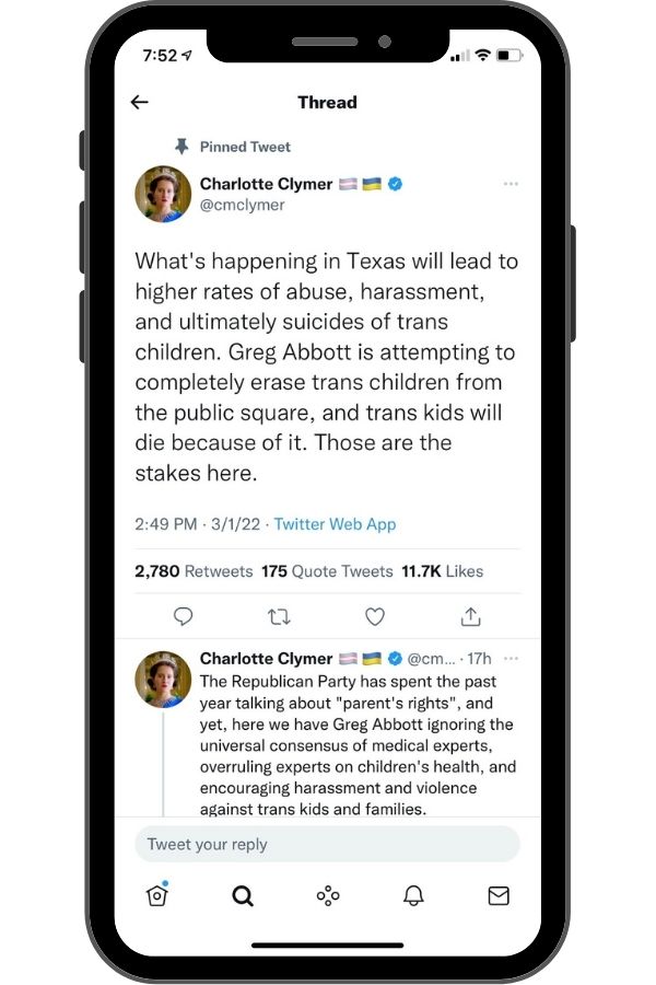 Charlotte Clymer's tweet supporting trans rights in Texas Charlotte Clymer's tweet supporting trans rights in Texas