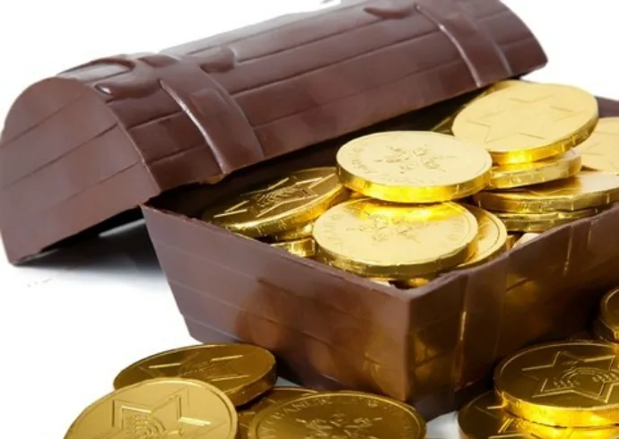 Gourmet gelt is rich, indulgent, and never waxy. Check out this treasure chest of gourmet gelt from Li-Lac Chocolate.