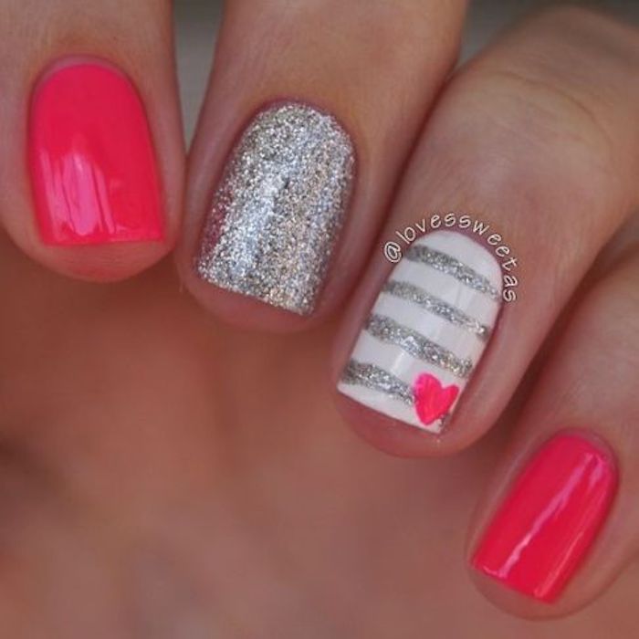 Fun Valentine's Day nails: Pink and silver Valentine's nail art at Love's Sweet As | | #valentinesnails 