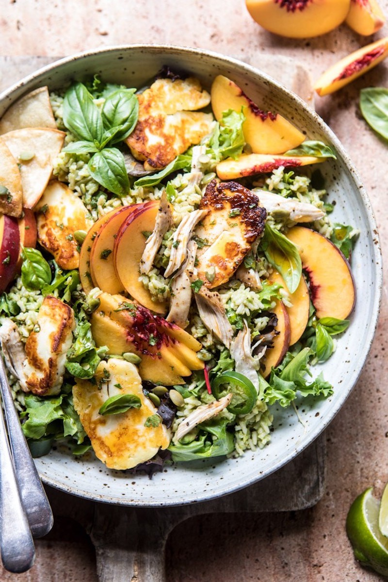 5 light dinners for summer: Peachy Chipotle Chicken Tortilla and Avocado Rice Salad with Pan Fried Halloumi at Halfbaked Harvest 5 light dinners for summer: Peachy Chipotle Chicken Tortilla and Avocado Rice Salad with Pan Fried Halloumi at Halfbaked Harvest