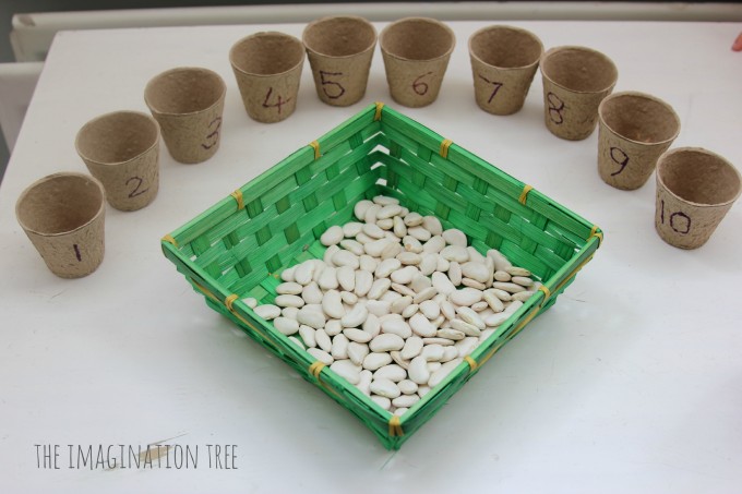 Educational activities for preschoolers when you're stuck indoors: Clever counting activities using beans and small pots or cups via Imagination Tree
