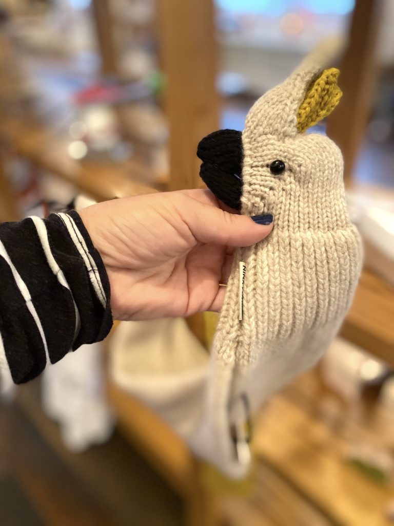 Hand knit cockatoo scarves for kids and adults from Nina Fuehrer on Etsy
