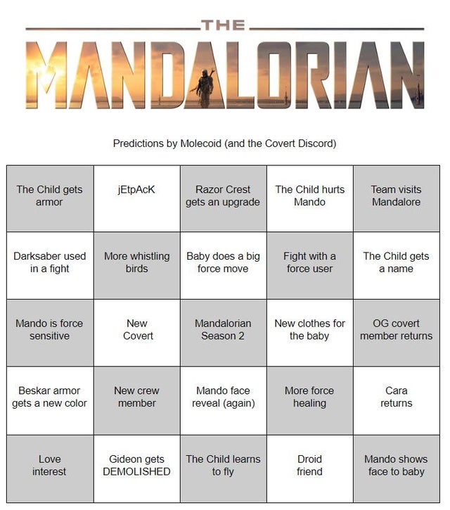 How to throw a Mandalorian watch party with your family that still feels like a party: Mandalorian prediction bingo from a themolecoid on Reddit How to throw a Mandalorian watch party with your family that still feels like a party: Mandalorian prediction bingo from a themolecoid on Reddit
