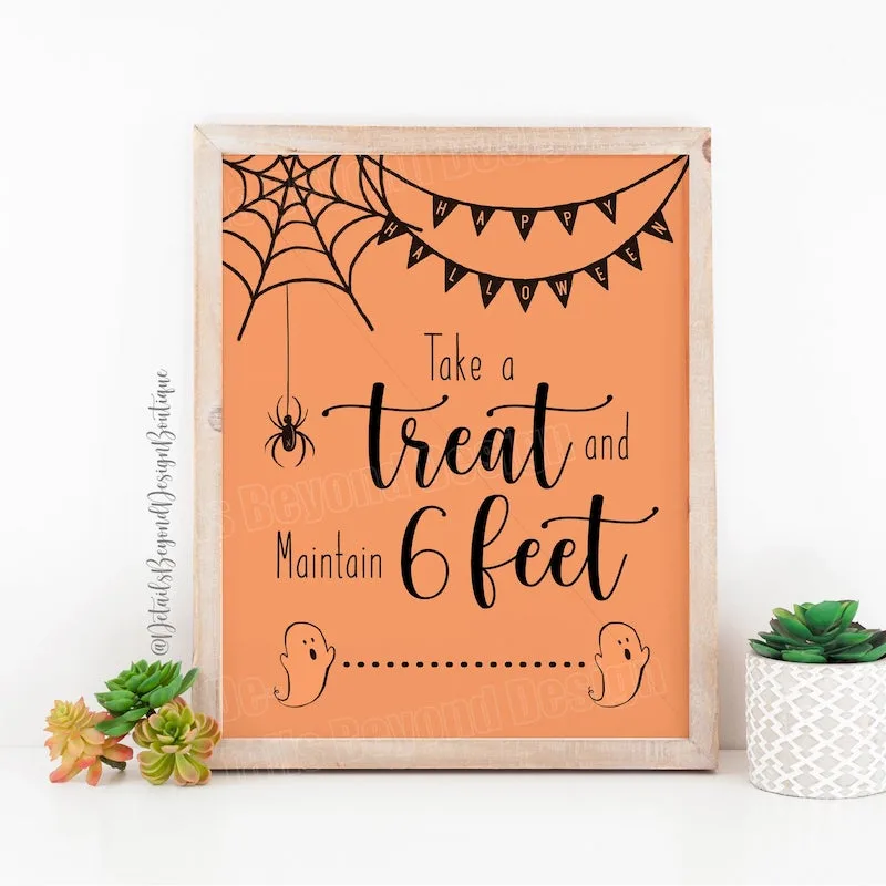 Social distancing Halloween signs: Take a Treat and Maintain 6 Feet at Details Beyond Design