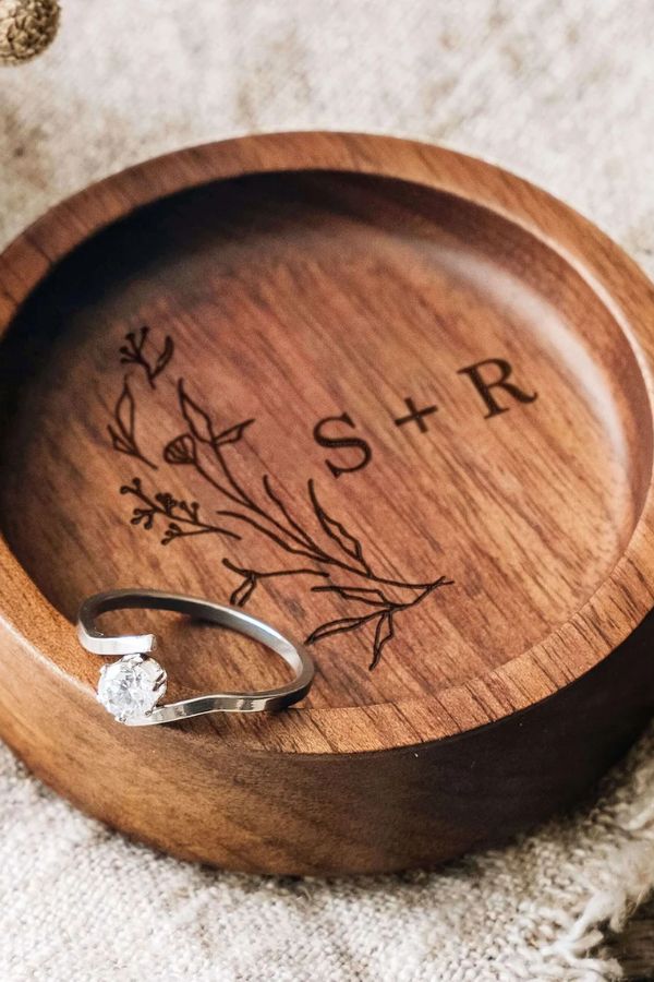 Engraved Walnut Wood Ring Dish