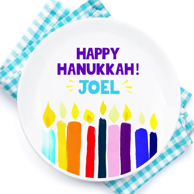 Personalized child's Hanukkah plate on Etsy from Awesome Peppers