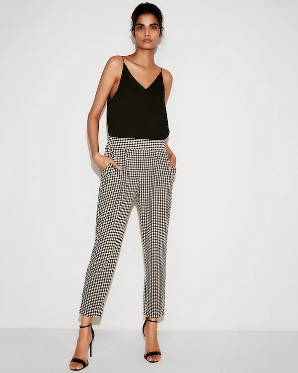 Comfortable work pants: Mid-Rise Gingham Pull-on Ankle Pant by Express