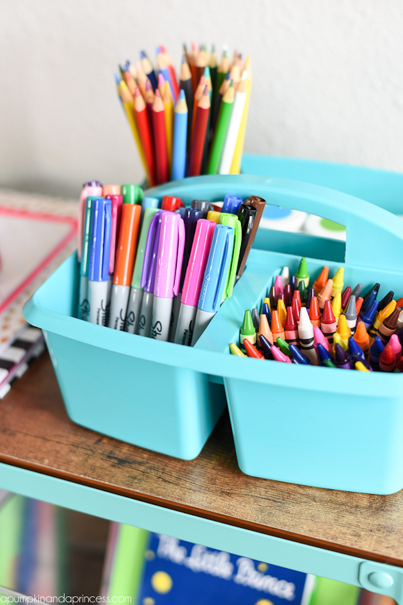 School supply organization tips: Store school supplies in a shower caddy | A Pumpkin and a Princess