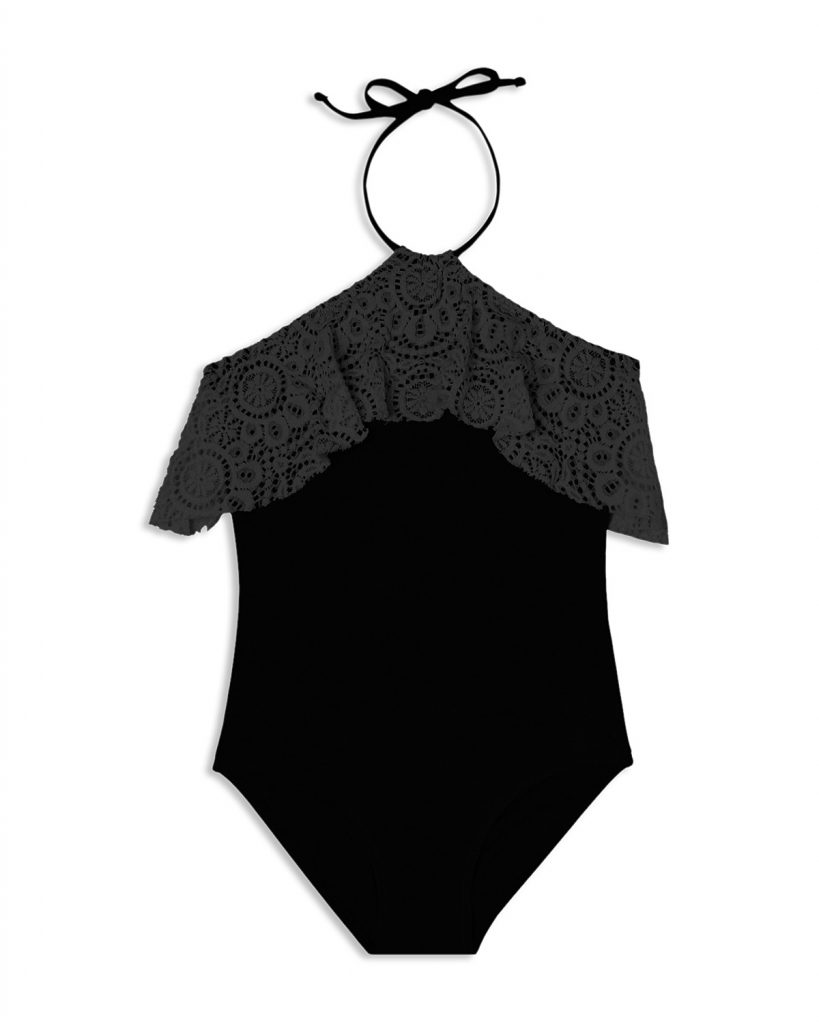 Girls black crochet ruffle accent halter swimsuit