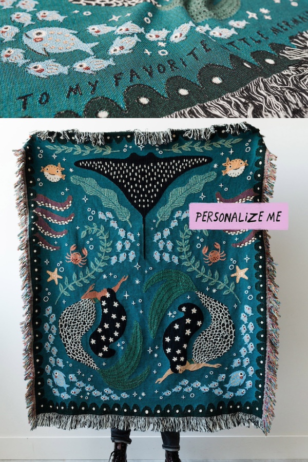 Personalized gifts for kids: Mermaid throw with custom message woven in at Frankie Print Co
