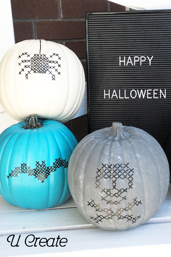 No-carve cross-stitch pumpkin decorating by U Create for Eighteen 25 No-carve cross-stitch pumpkin decorating by U Create for Eighteen 25