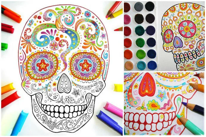 Sugar skull coloring pages by thaneeya are perfect fun for Dia de los Muertos!