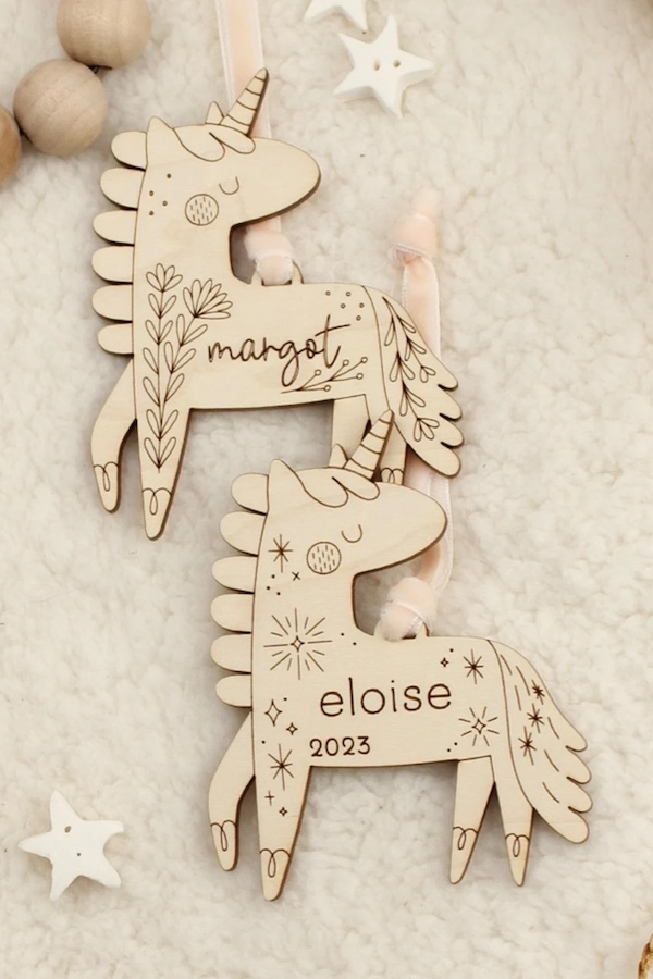 Personalized Wooden Unicorn Ornament Set