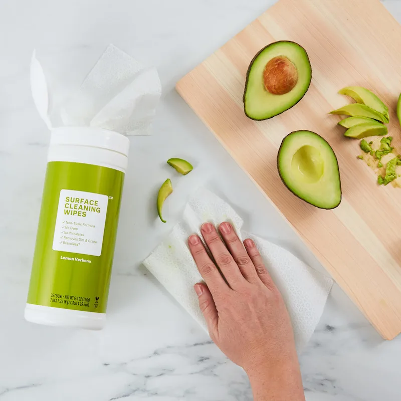 Conscientious cleaning products from Brandless include these surface cleaning wipes that smell like lemon verbena