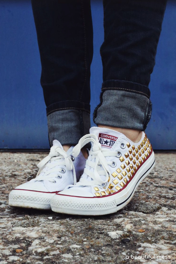 DIY sneaker makeovers: Studded white Converse tutorial by A Beautiful Mess DIY sneaker makeovers: Studded white Converse tutorial by A Beautiful Mess