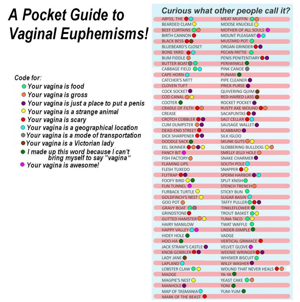 A list of vaginal euphemisms from Feministing, broken down by category. Not all so positive, are they. 