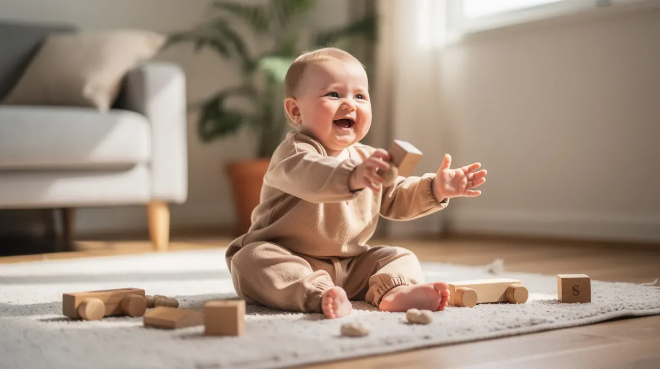 A happy toddler is playing joyfully while wearing a comfortable organic cotton outfit, showcasing adorable prints and soft fabrics that are perfect for sensitive skin. This outfit is part of quality basics in kids clothing, ideal for everyday wear and special occasions.